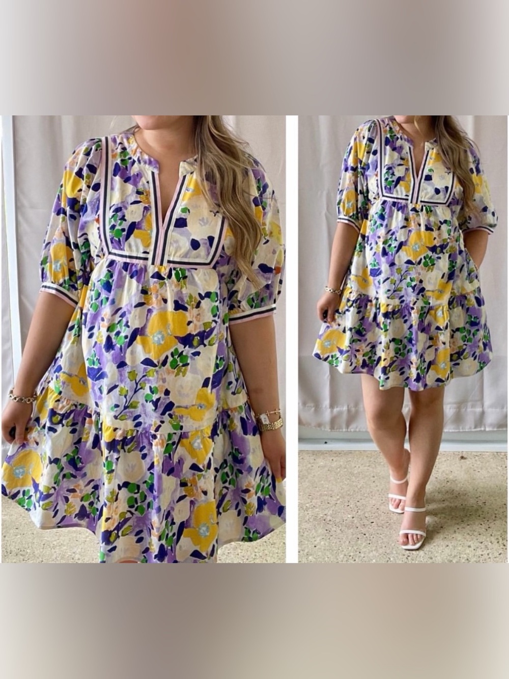 Floral Puff-Sleeve Mini Dress - White, Yellow & Purple